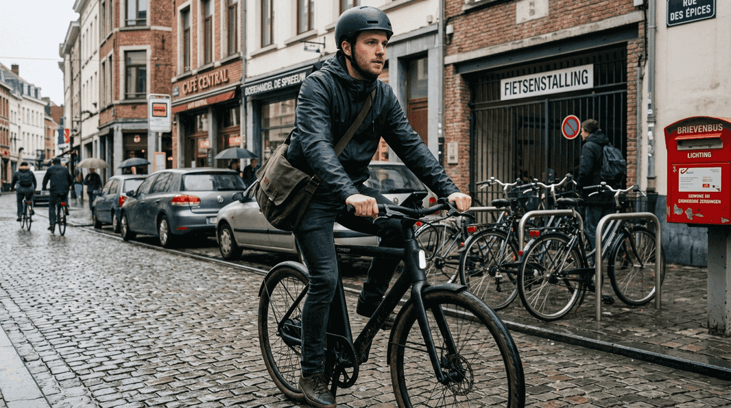 Man fietst op een Cowboy e-bike door de straten van Brussel