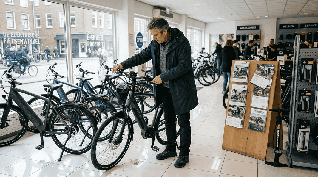 Man bekijkt e-bike aandachtig in de showroom