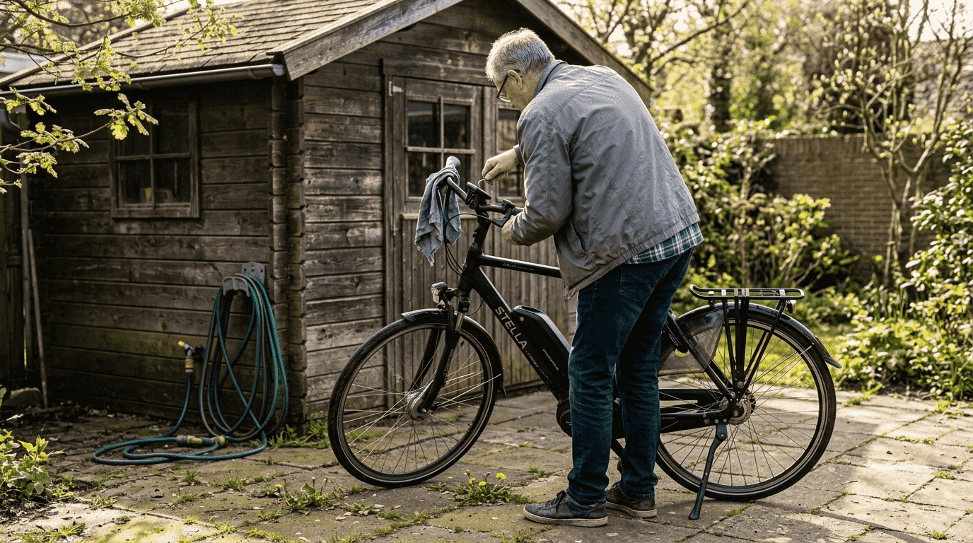 Een man is bezig zijn elektrische fiets te onderhouden naast het tuinhuisje.