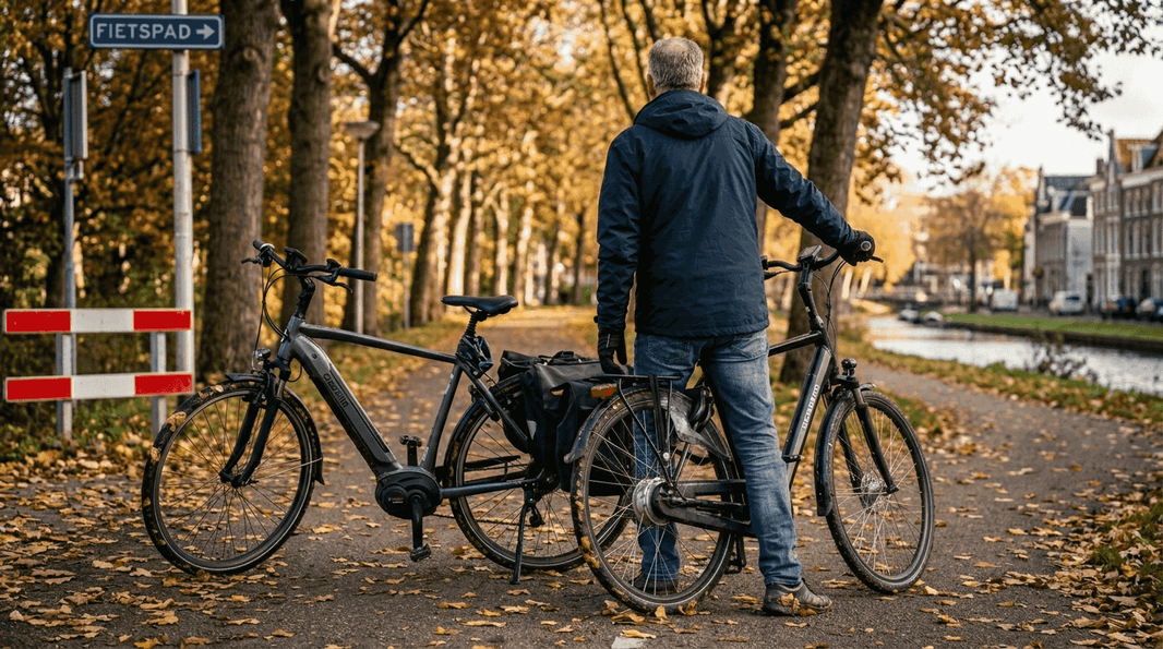 Man bekijkt en vergelijkt verschillende e-bikemotoren buiten in de natuur.