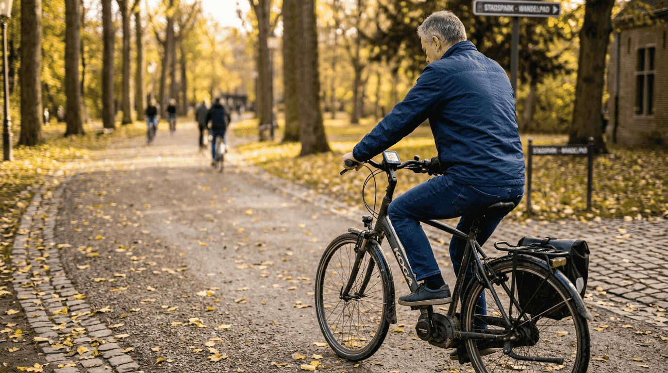 Man maakt een tochtje op zijn e-bike door een park in België