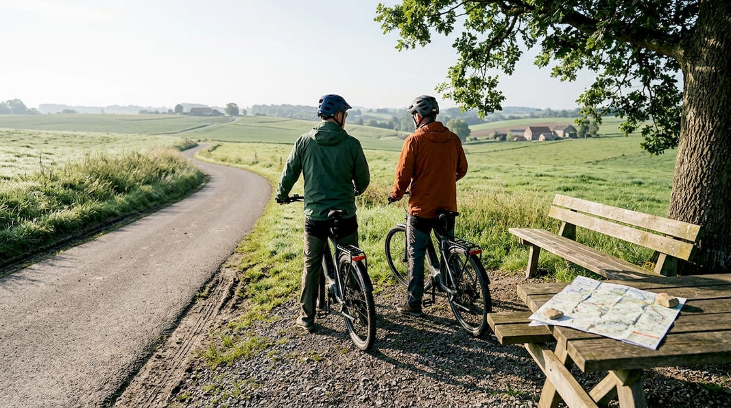E-bikers nemen een pauze in het Belgische landschap