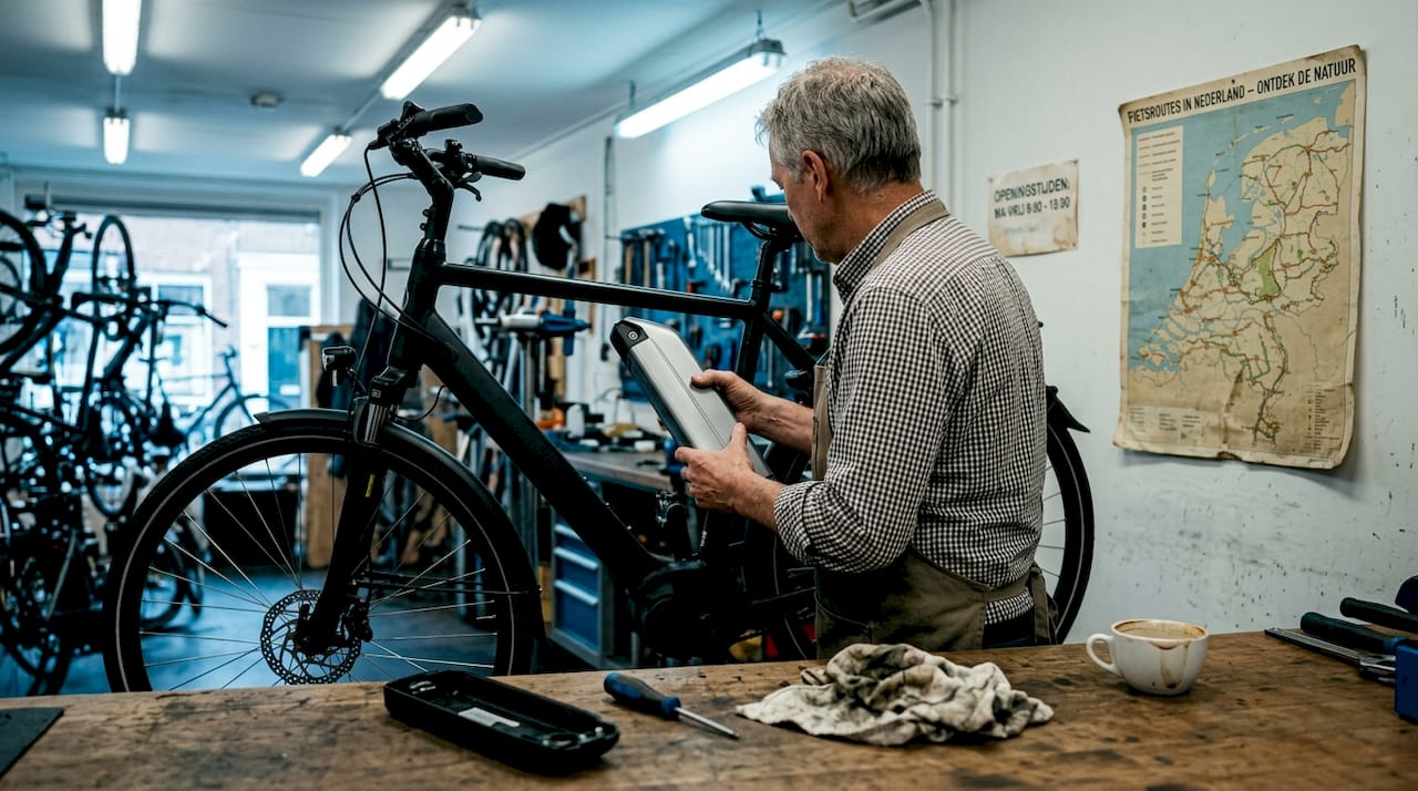 Een monteur haalt de accu uit een e-bike in de werkplaats.