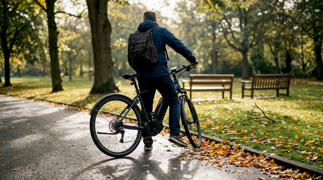 Een vrouw zet haar e-bike even stil in het stadspark.