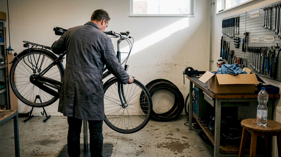 Een fietsenmaker bekijkt zorgvuldig een fiets die op de werkstandaard staat.