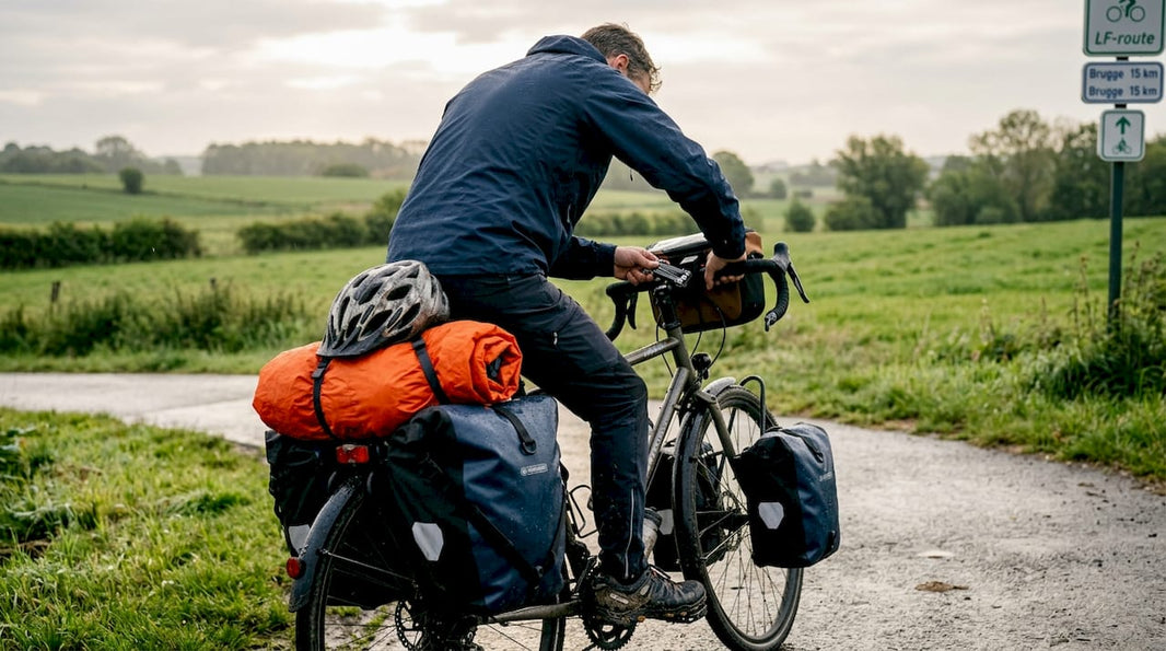 Wielrenner maakt zich klaar en controleert zijn uitrusting voor een tocht door het Belgische landschap.
