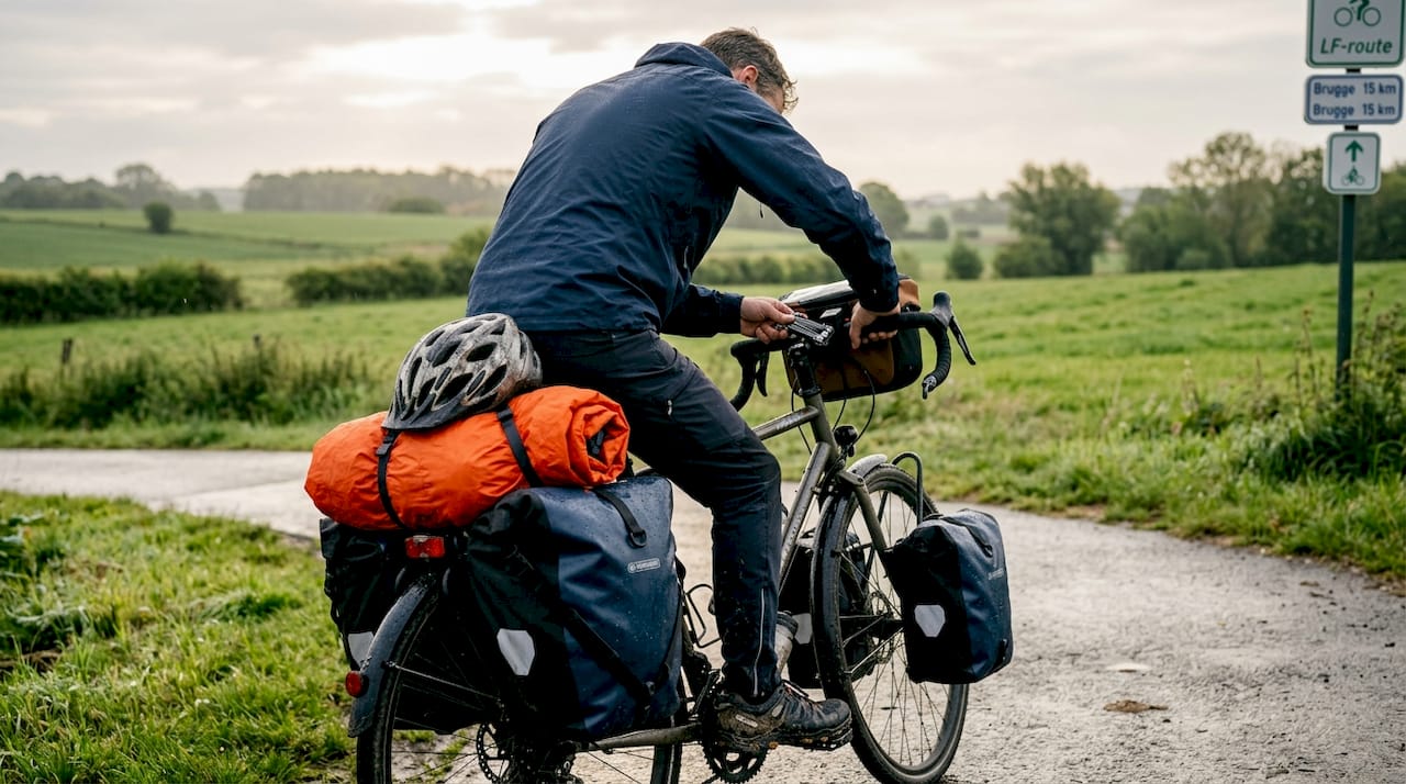 Wielrenner maakt zich klaar en controleert zijn uitrusting voor een tocht door het Belgische landschap.