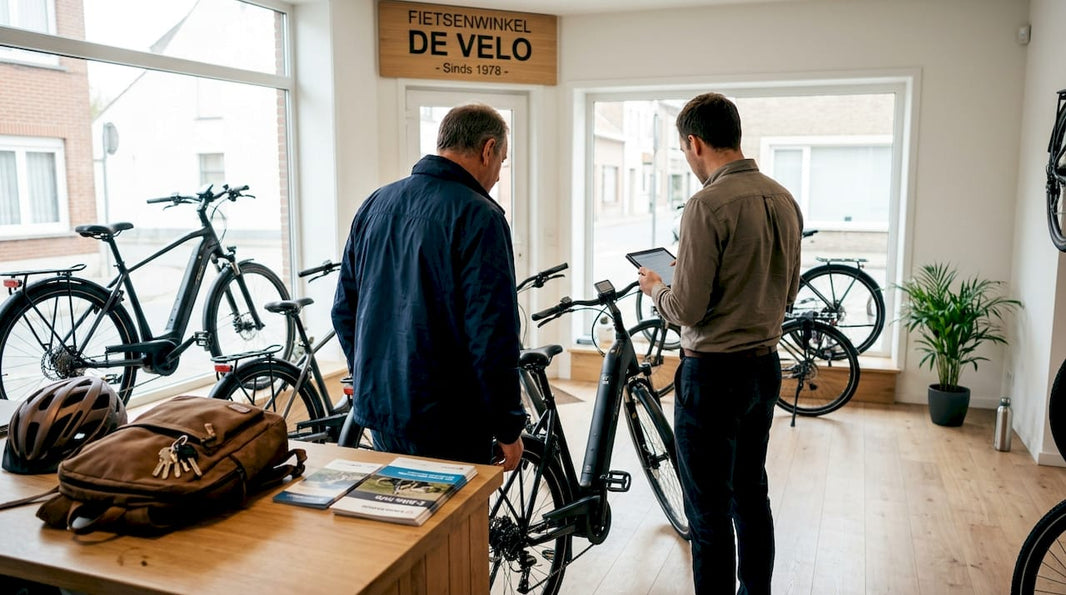 Man neemt e-bikes onder de loep in een Belgische fietsenzaak