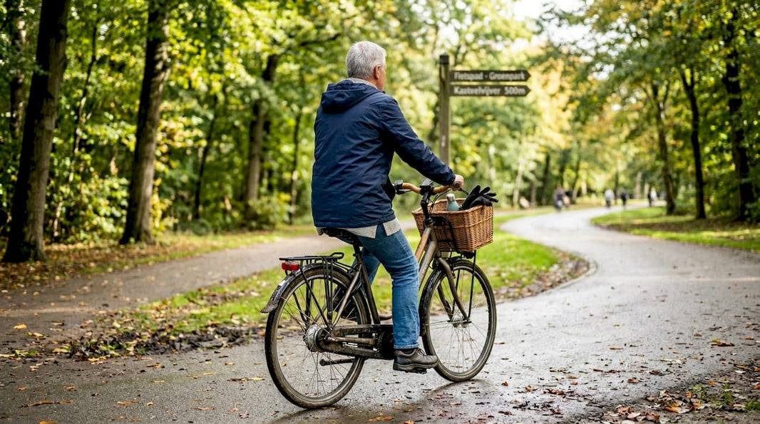 Een vrouw rijdt rustig en oplettend op haar e-bike door de straat.