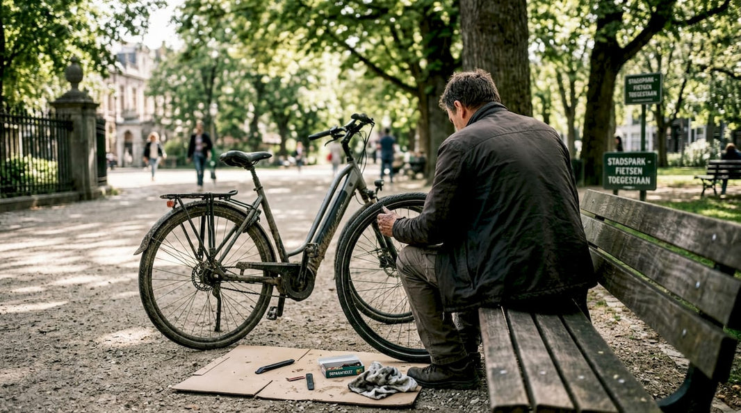Een Belgisch fietser is bezig met het plakken van zijn e-bike band in het park.