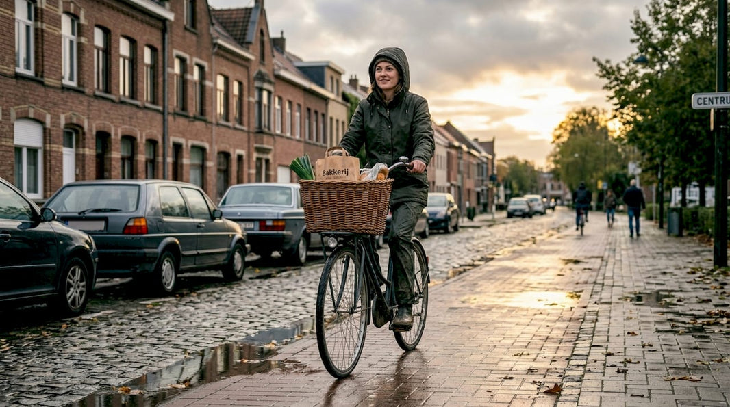 Een vrouw maakt een fietstocht door het centrum van een Belgische stad op haar stadsfiets.