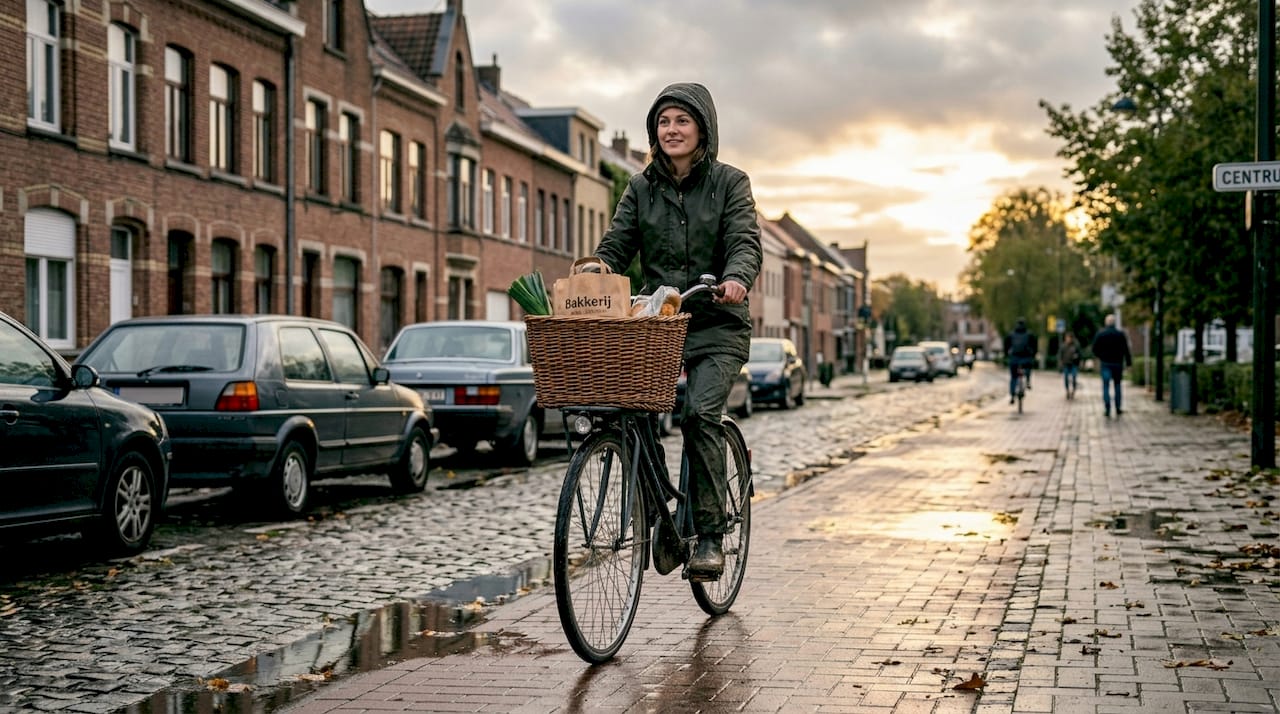 Een vrouw maakt een fietstocht door het centrum van een Belgische stad op haar stadsfiets.