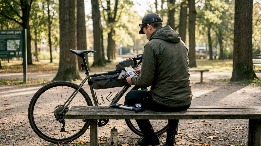 Fietser kijkt zijn gereedschap na op een bankje in het park