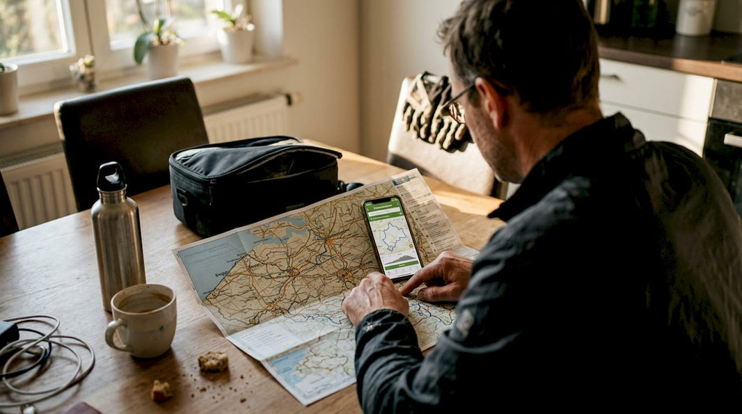 Vrouw zit aan de keukentafel haar e-bike vakantie uit te stippelen