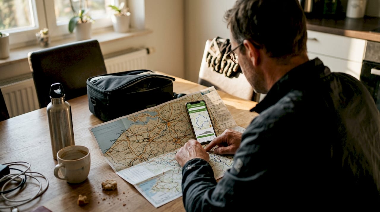 Vrouw zit aan de keukentafel haar e-bike vakantie uit te stippelen