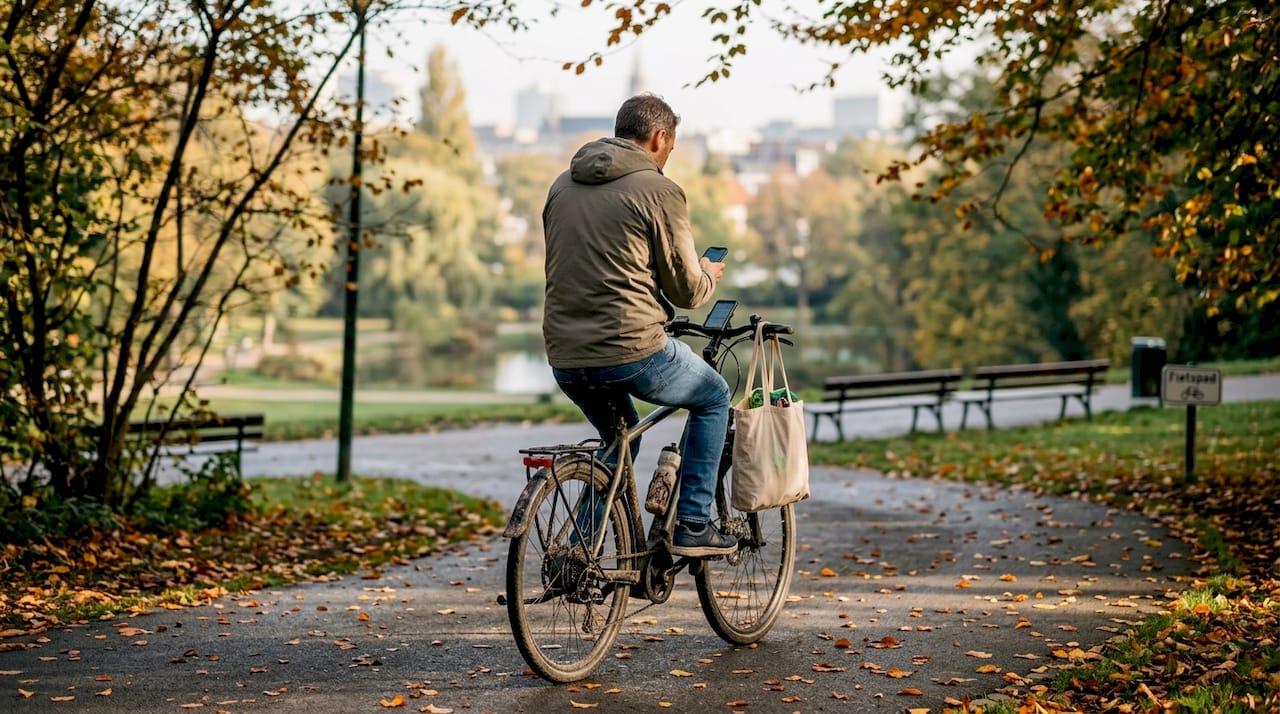 Man probeert elektrische fiets uit op een Belgisch fietspad