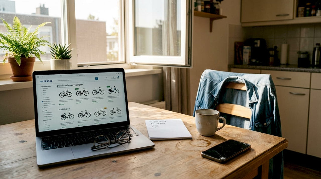 Een vrouw zit aan de eettafel en zoekt online naar een e-bike.
