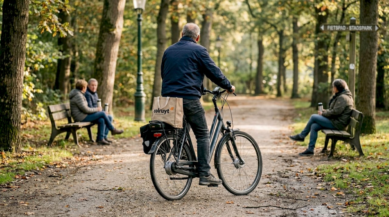 Een vrouw maakt een fietstocht op haar e-bike door een Belgisch park.