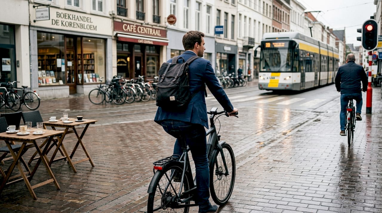 Een stedelijke fietser zoeft op zijn e-bike door het hart van de stad.