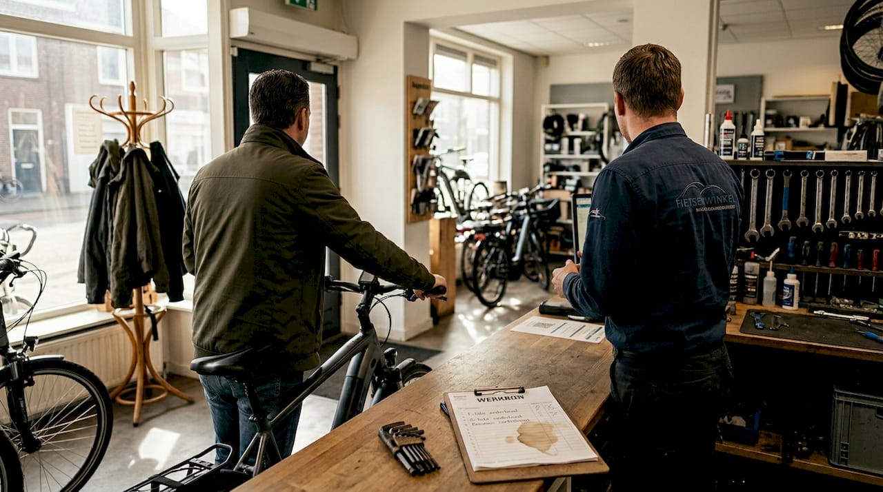 Een medewerker van de fietsenwinkel staat een klant te woord aan de balie.