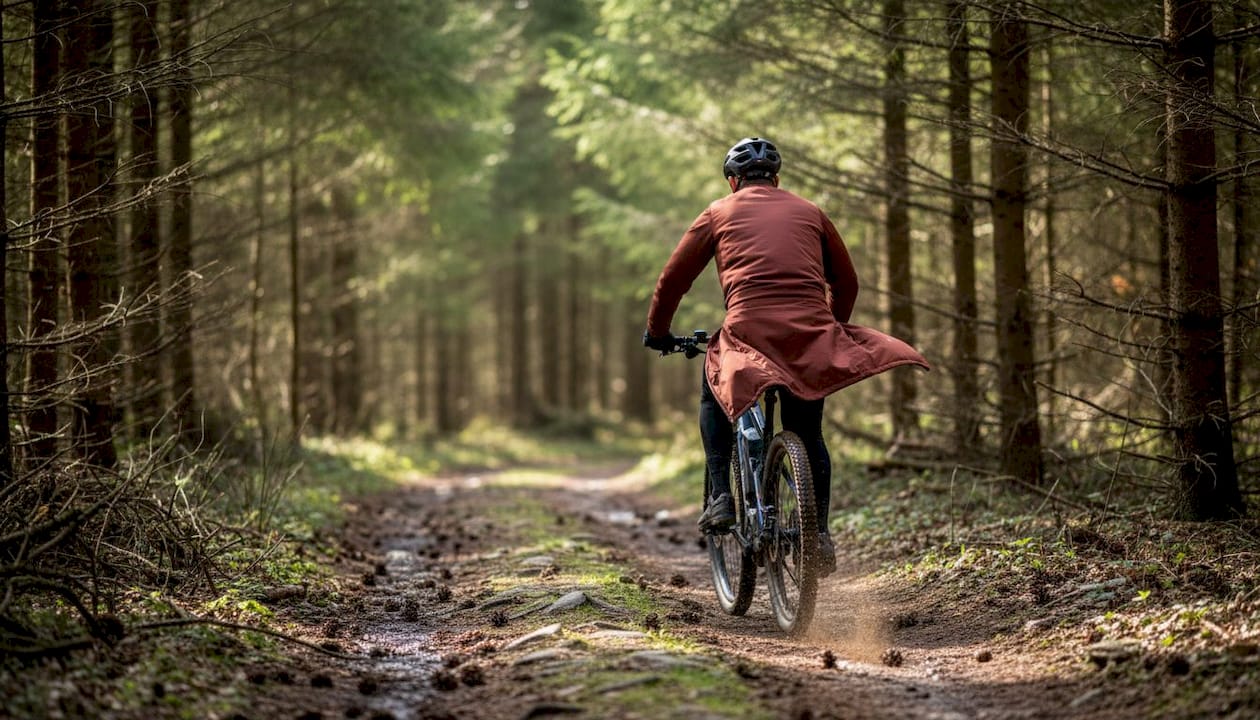 Een mountainbiker geniet op zijn e-bike van een zonnige tocht door het bos.
