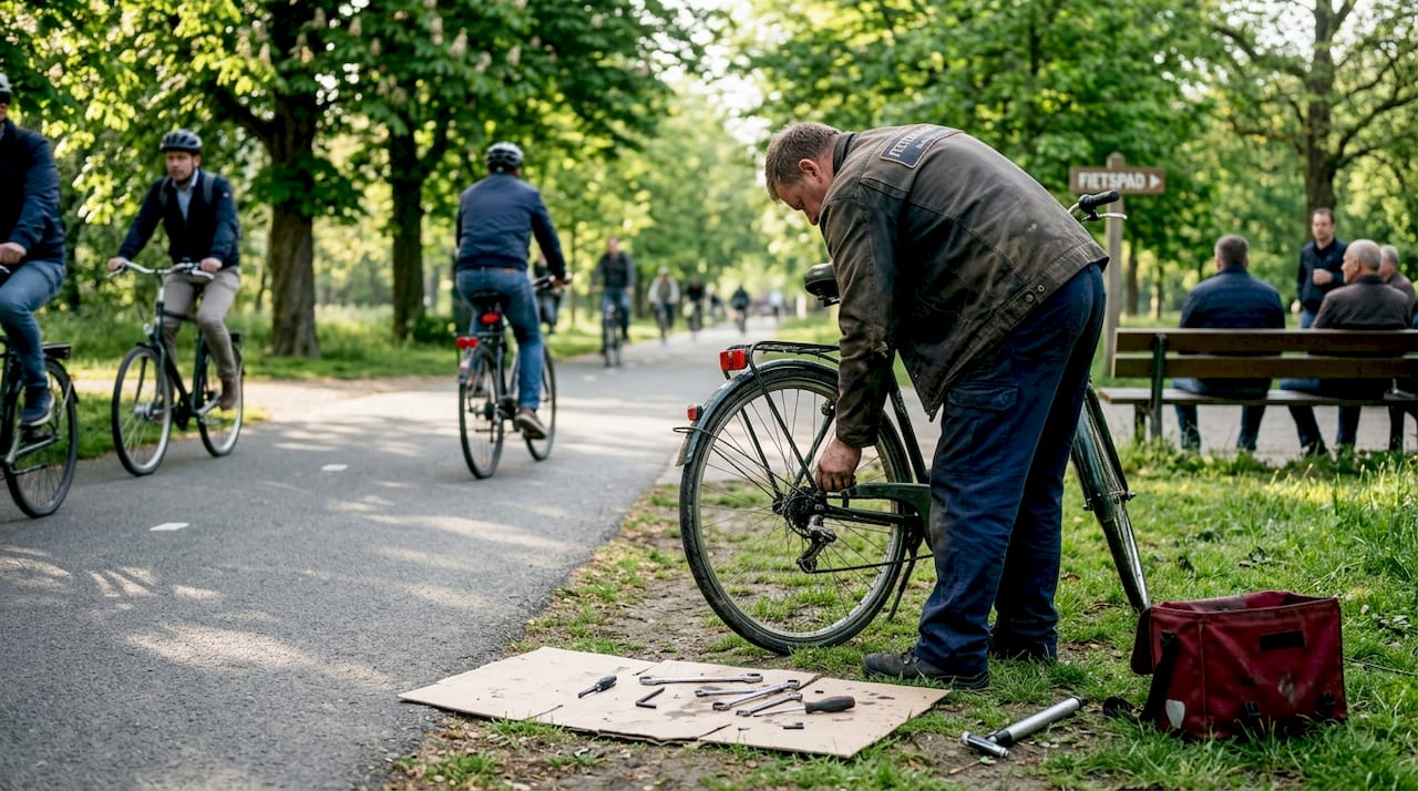 Een fietsenmaker repareert een stadsfiets in een park in België.