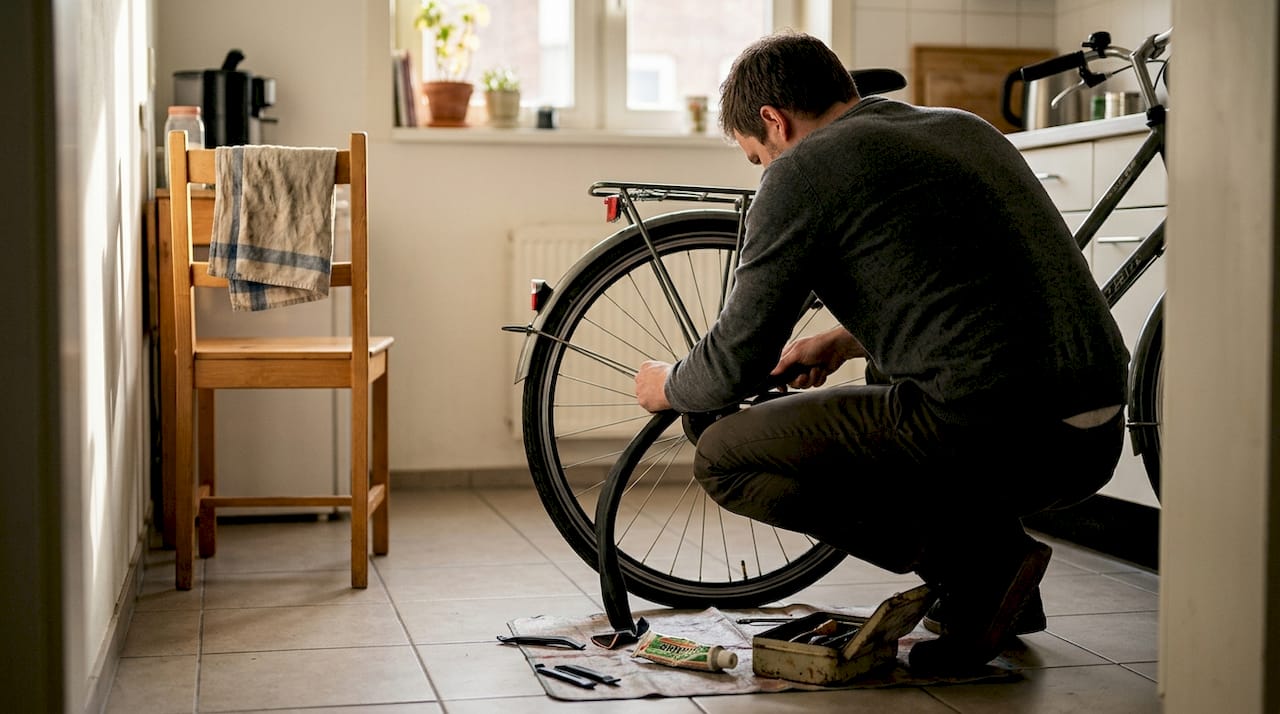 Man plakt lekke fietsband met gereedschap midden in de keuken