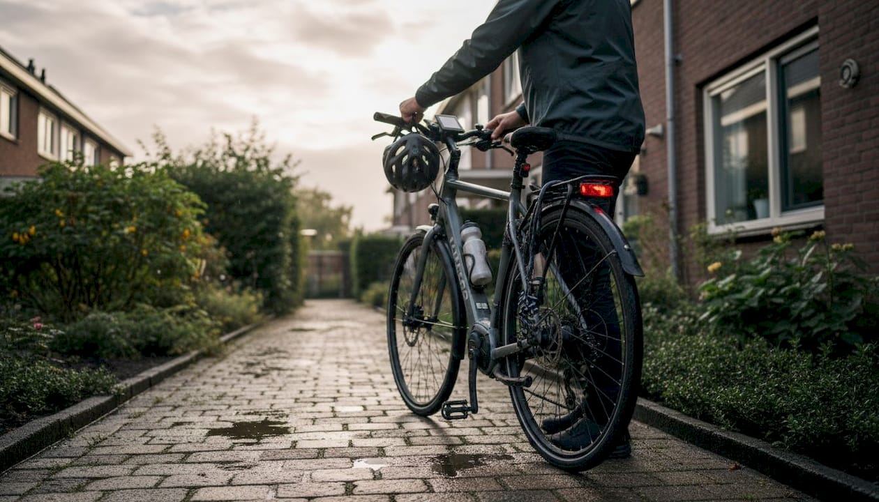 Man kijkt e-bike accessoires na voor zijn tussenwoning