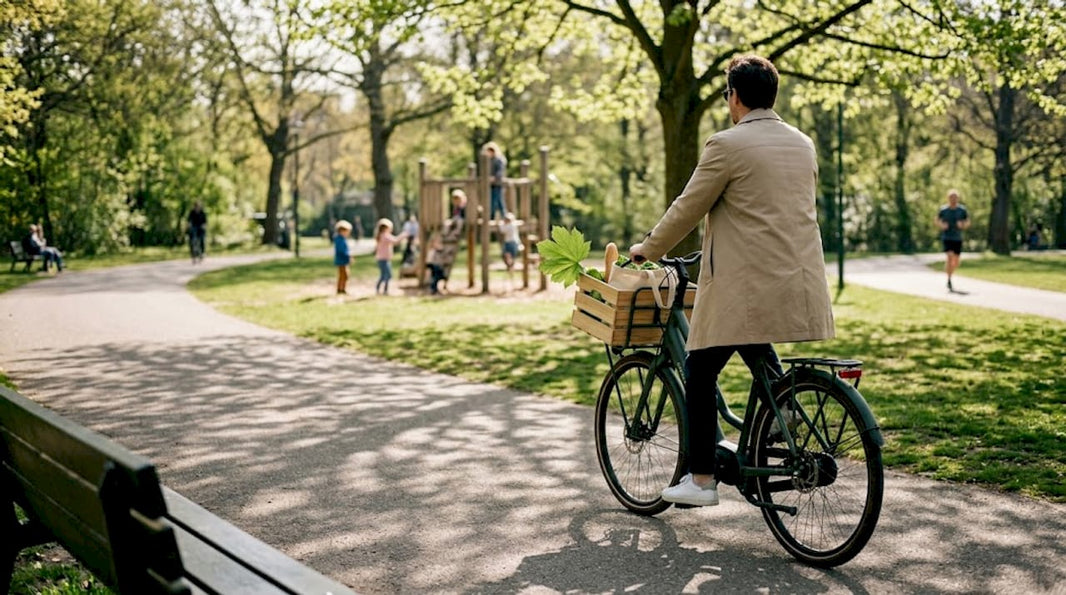 Vrouw fietst op haar e-bike door het stadspark met een tas aan het stuur.