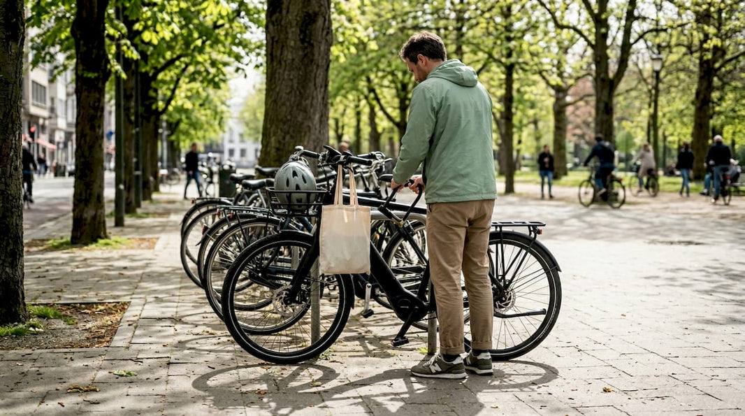 Een vrouw haalt haar e-bike van het slot bij een fietsenstalling naast het stadspark.