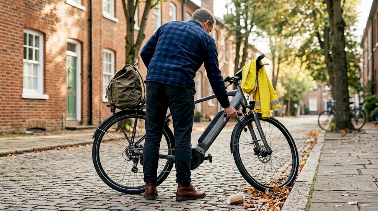 Man maakt zijn e-bike klaar voor een ritje door de stad