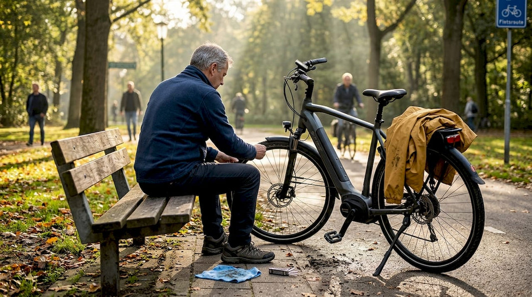 Man bekijkt zijn e-bike in het park