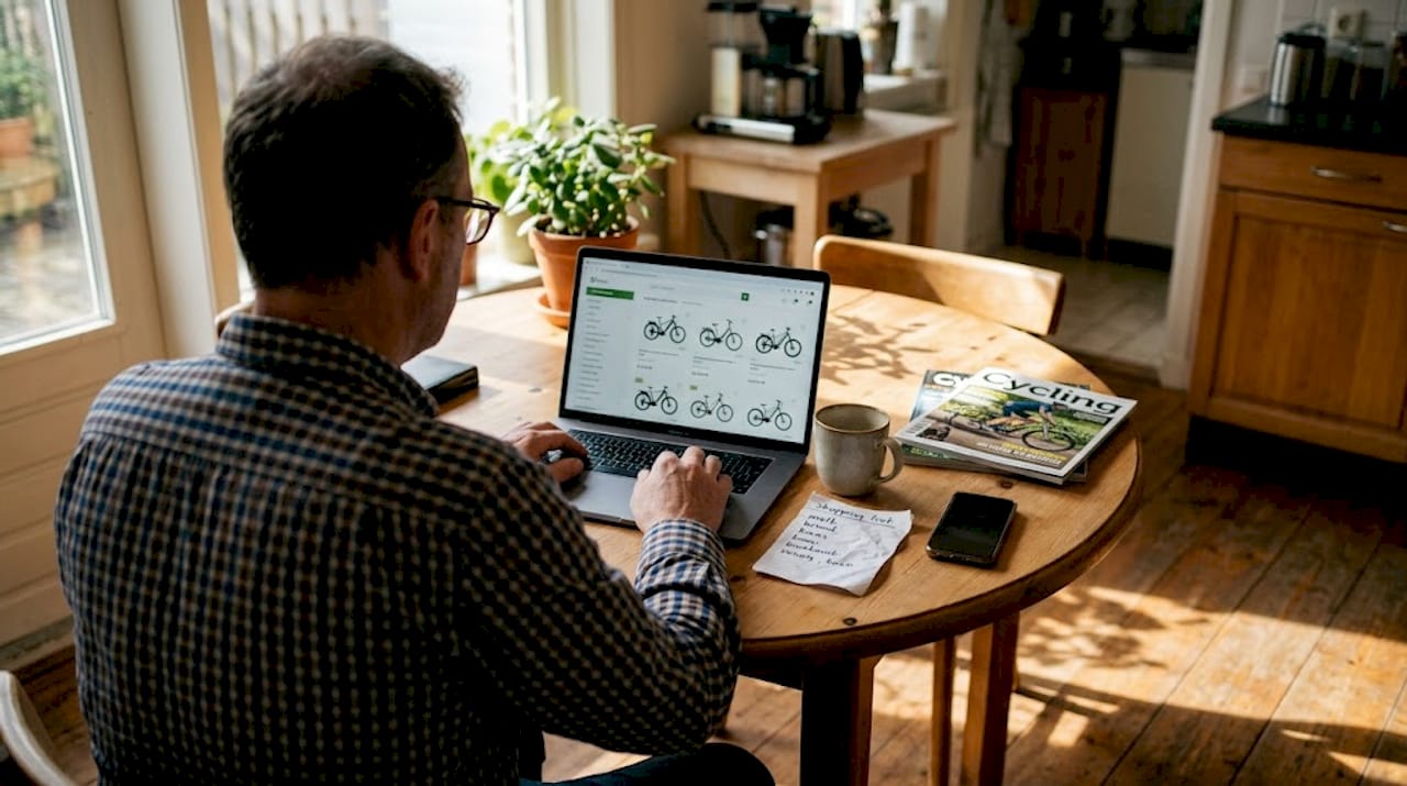 Man zit aan de keukentafel online informatie te verzamelen over e-bikes
