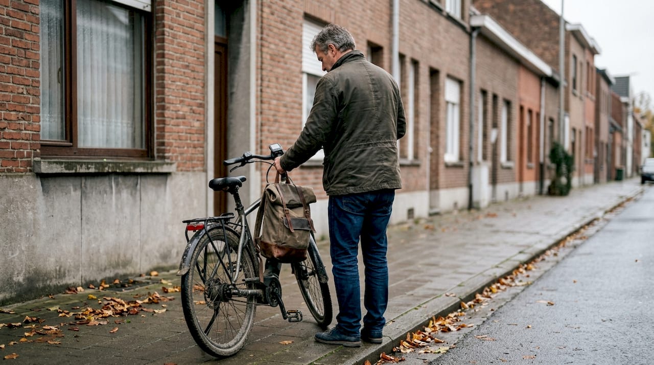 Man stelt zijn e-bike af in een Belgische straat