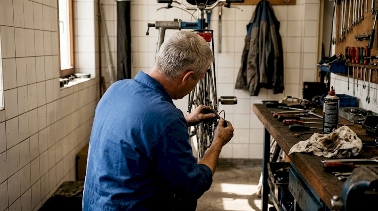 In de werkplaats is een fietsenmaker bezig met het repareren van een kapotte fietsketting.