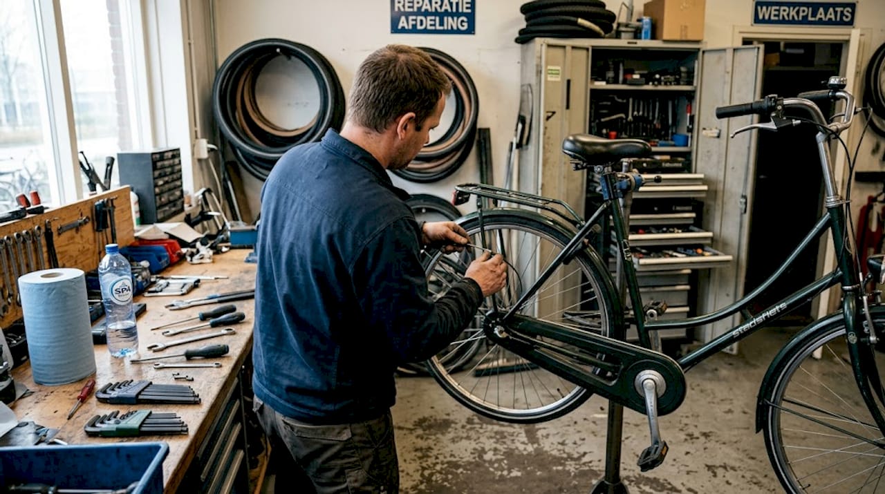 In de werkplaats kijkt een fietsenmaker de remkabels van een fiets na.