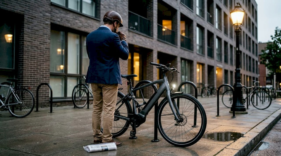 Voordat hij op pad gaat, checkt de forens of alles aan zijn e-bike in orde is.