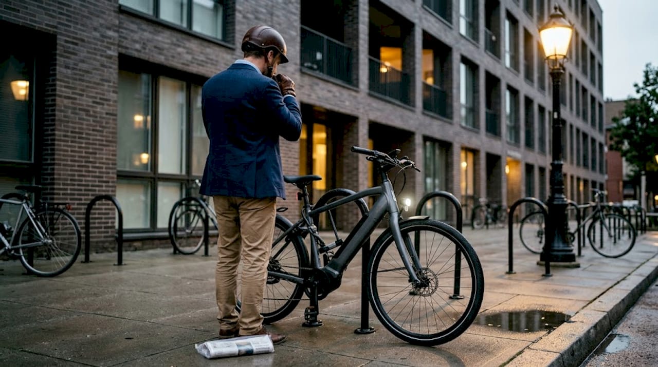 Voordat hij op pad gaat, checkt de forens of alles aan zijn e-bike in orde is.
