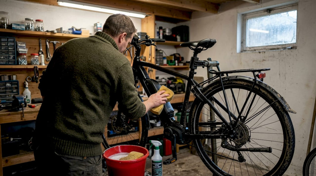 Een vrouw is bezig haar e-bike schoon te maken in de garage.