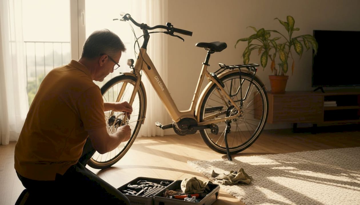 Man draait aan het zadel van zijn stadsfiets terwijl deze midden in de woonkamer staat.