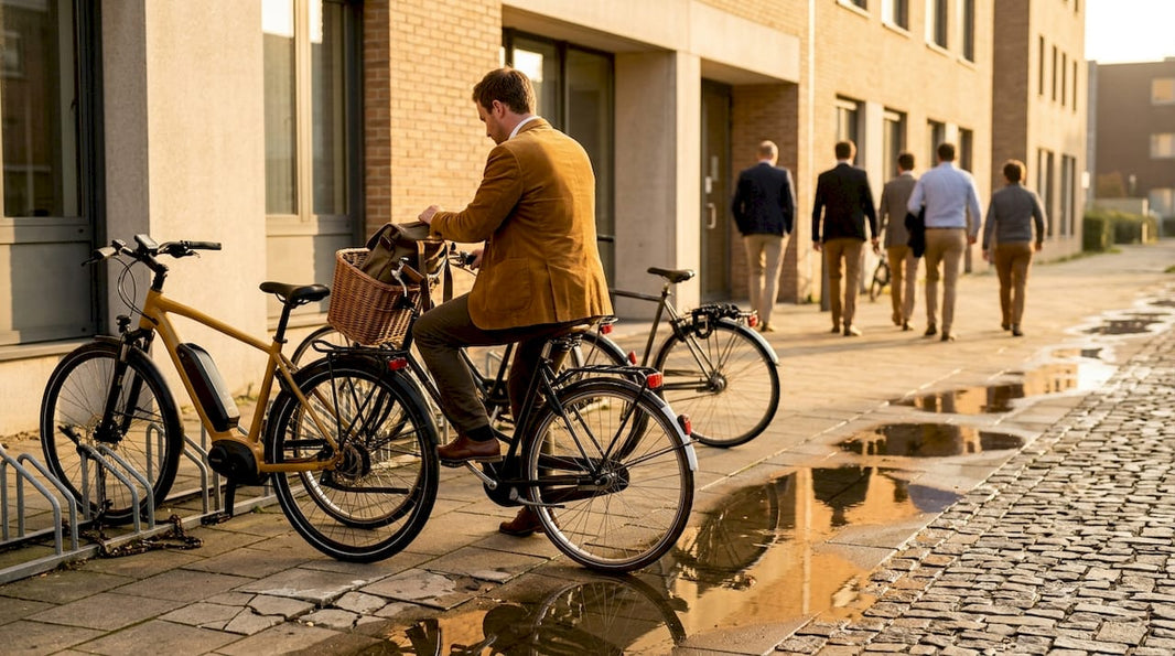 Zakelijke fietser arriveert bij modern kantoor