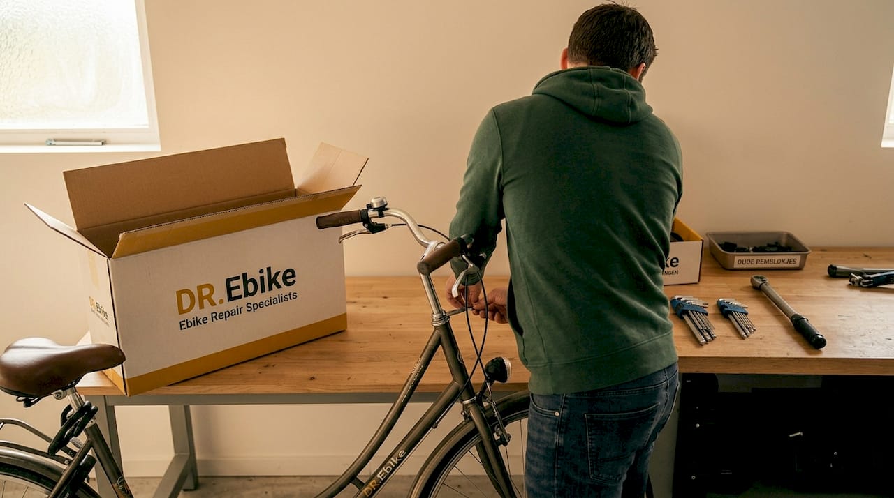 Aan de werkbank stelt een monteur nauwkeurig de rem van een fiets af.