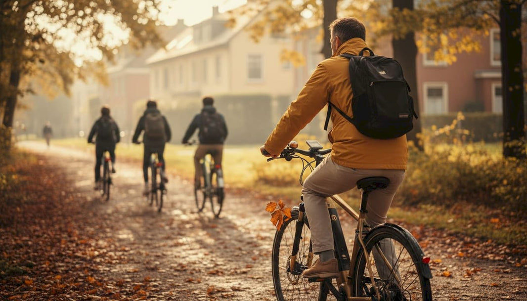 Vroeg in de ochtend fietst een man op zijn hybride door de stadsrand.