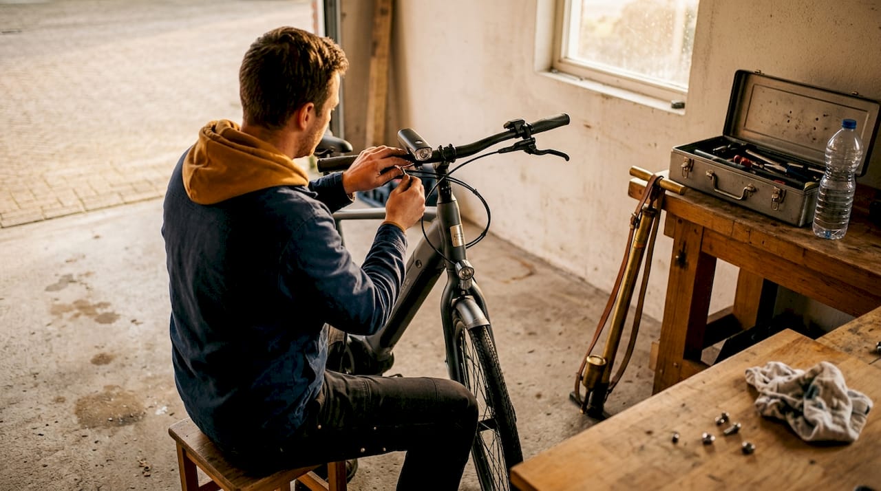 Man zet nieuwe fietslamp vast aan zijn fiets in de garage