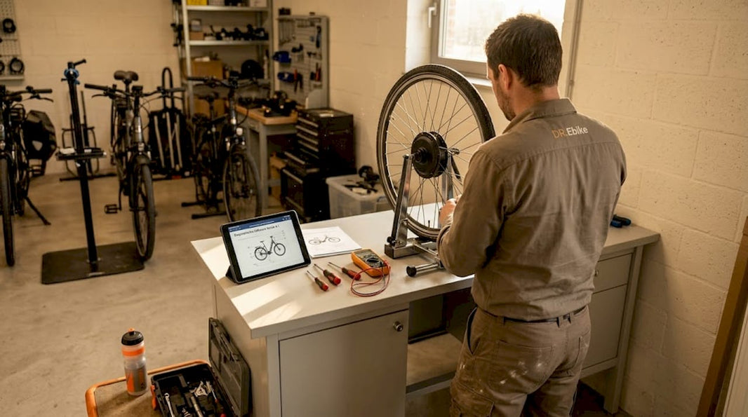 Een e-bikemonteur inspecteert het wiel tijdens het stellen van een diagnose.