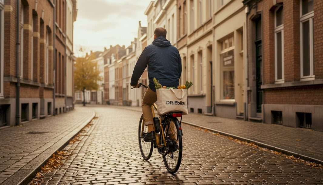 Een Belgische vrouw springt 's ochtends op de fiets om naar haar werk in de stad te gaan.