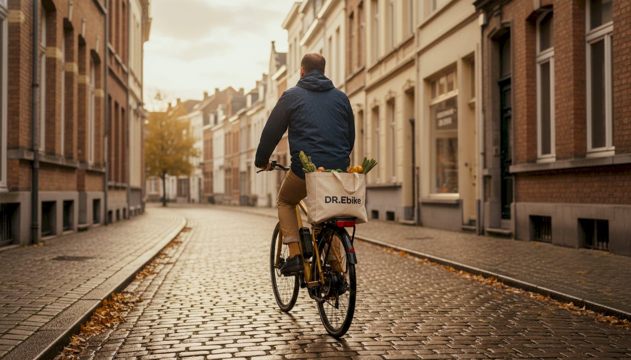 Een Belgische vrouw springt 's ochtends op de fiets om naar haar werk in de stad te gaan.