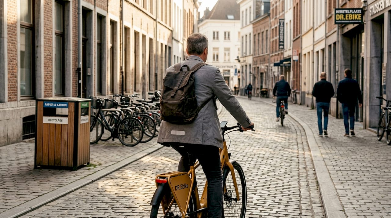 Een zakenman fietst 's ochtends op zijn e-bike door een Belgische straat.