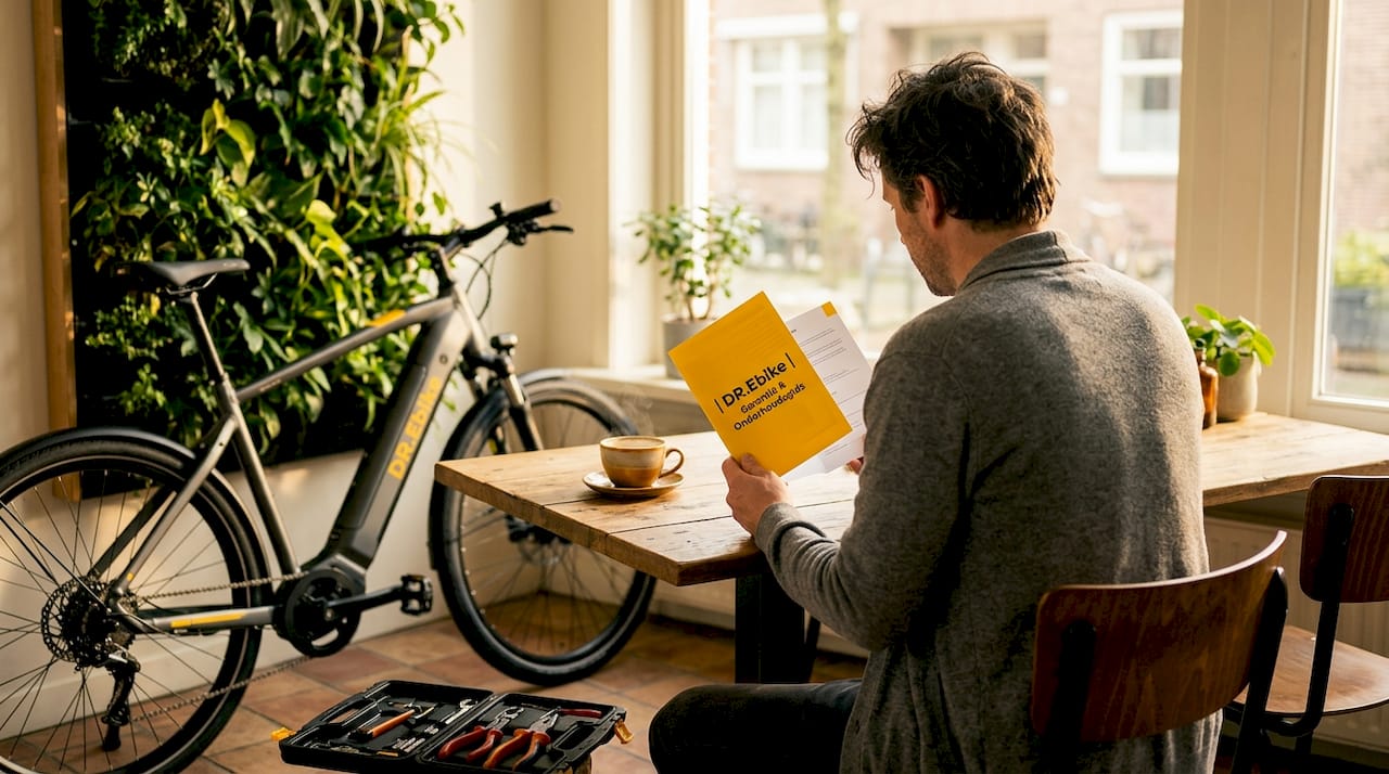 Een e-bike eigenaar zit aan de keukentafel aandachtig de garantievoorwaarden door te nemen.