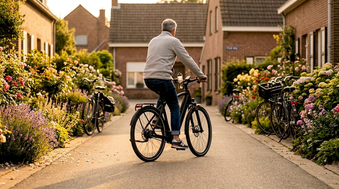 Man maakt ontspannen fietstocht op e-bike door Belgisch park
